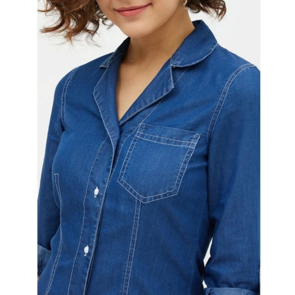 Women's Denim Solid Long Sleeves Above Knee Dress (Blue) - M