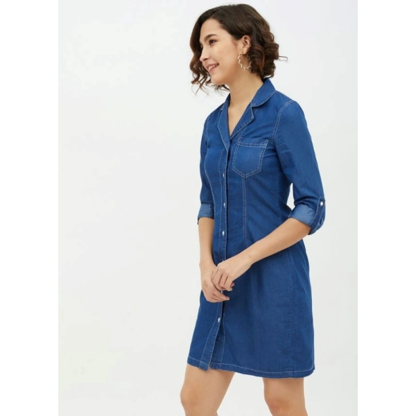 Women's Denim Solid Long Sleeves Above Knee Dress (Blue) - M