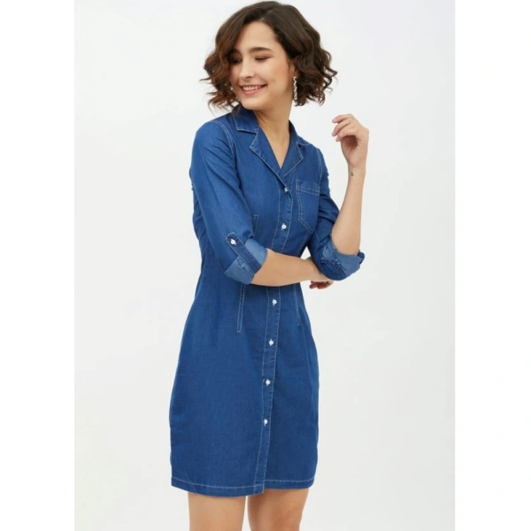 Women's Denim Solid Long Sleeves Above Knee Dress (Blue) - M