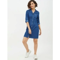 Women's Denim Solid Long Sleeves Above Knee Dress (Blue) - M