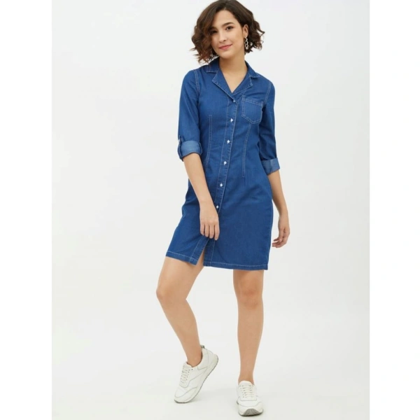 Women's Denim Solid Long Sleeves Above Knee Dress (Blue) - M
