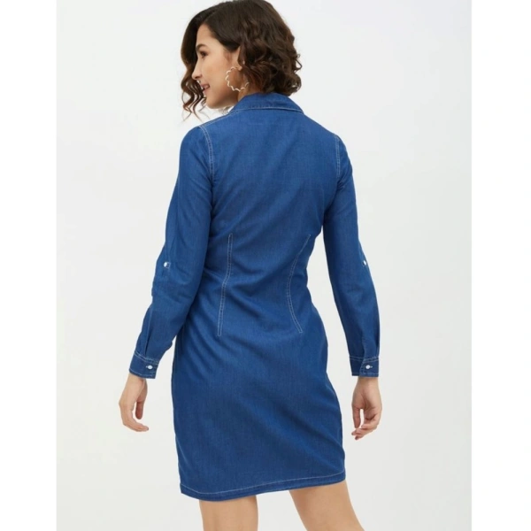 Women's Denim Solid Long Sleeves Above Knee Dress (Blue) - M