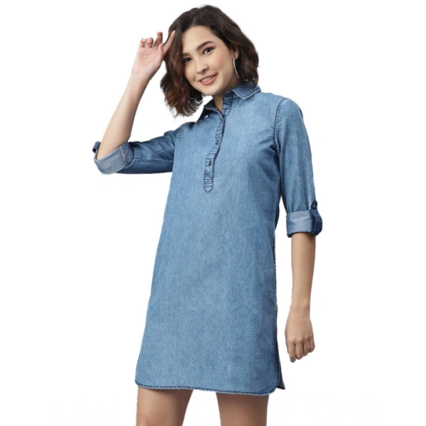Women's Denim Solid Long Sleeves Above Knee Dress (Ice Blue) - S
