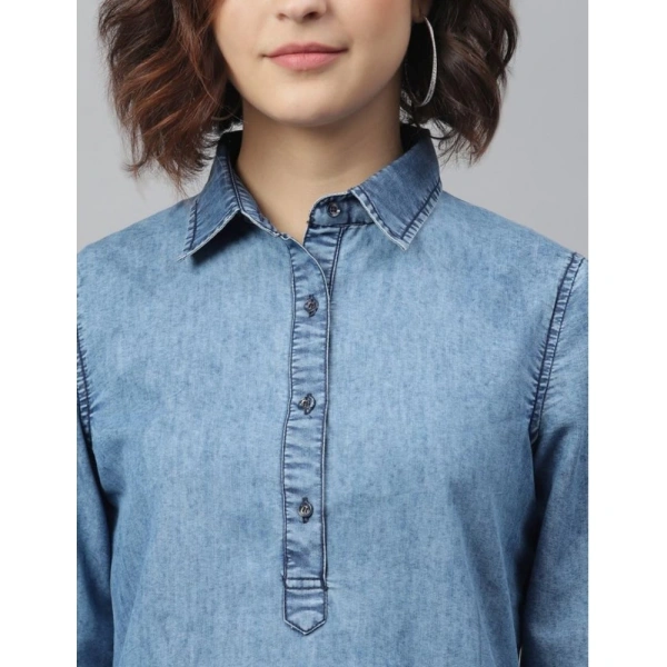 Women's Denim Solid Long Sleeves Above Knee Dress (Ice Blue) - S