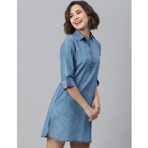 Women's Denim Solid Long Sleeves Above Knee Dress (Ice Blue) - S