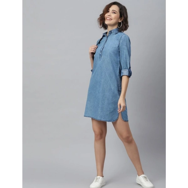Women's Denim Solid Long Sleeves Above Knee Dress (Ice Blue) - S