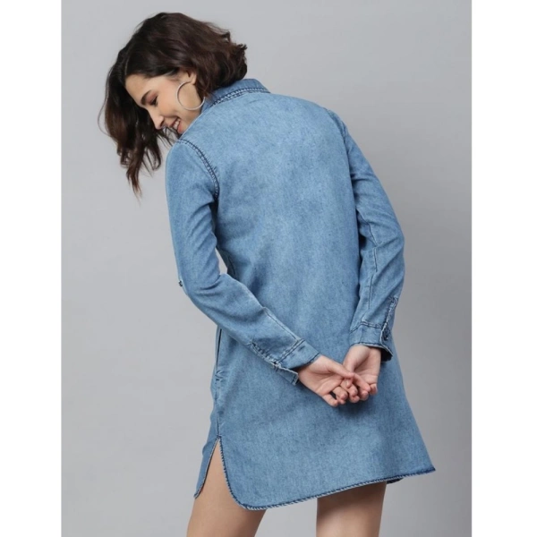 Women's Denim Solid Long Sleeves Above Knee Dress (Ice Blue) - S