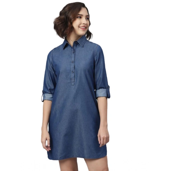 Women's Denim Solid Long Sleeves Above Knee Dress (Navy Blue) - S