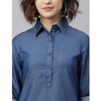 Women's Denim Solid Long Sleeves Above Knee Dress (Navy Blue) - S
