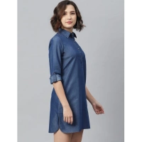 Women's Denim Solid Long Sleeves Above Knee Dress (Navy Blue) - S