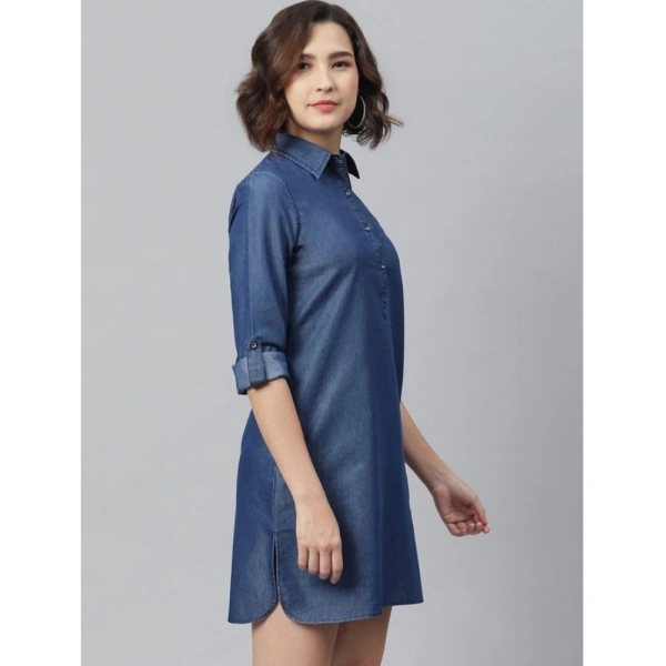 Women's Denim Solid Long Sleeves Above Knee Dress (Navy Blue) - S