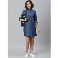 Women's Denim Solid Long Sleeves Above Knee Dress (Navy Blue) - S