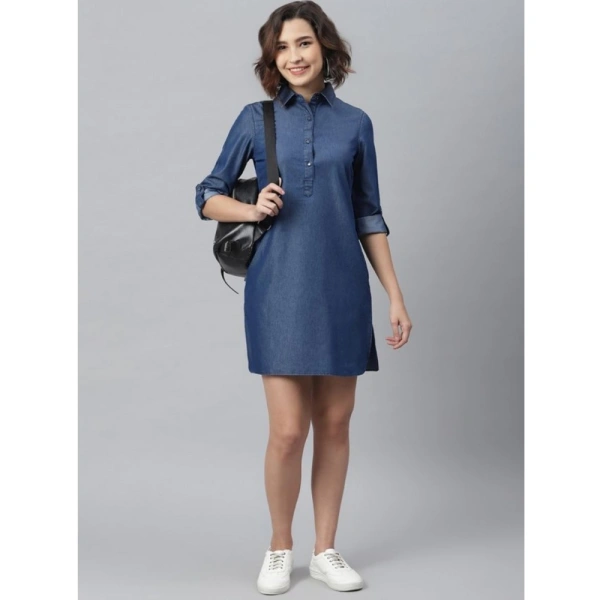 Women's Denim Solid Long Sleeves Above Knee Dress (Navy Blue) - S