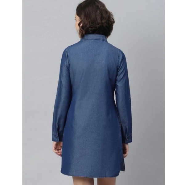 Women's Denim Solid Long Sleeves Above Knee Dress (Navy Blue) - S