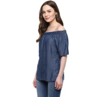 Women's Denim Solid Short Sleeve Regular Top (Blue) - L