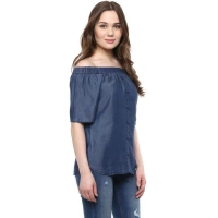 Women's Denim Solid Short Sleeve Regular Top (Blue) - L