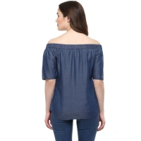 Women's Denim Solid Short Sleeve Regular Top (Blue) - L