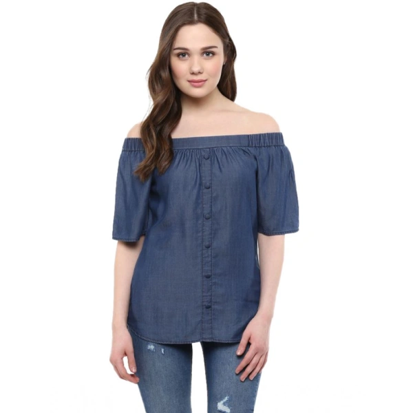 Women's Denim Solid Short Sleeve Regular Top (Blue) - XL