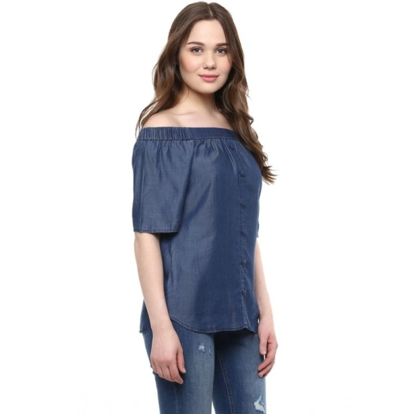 Women's Denim Solid Short Sleeve Regular Top (Blue) - XL