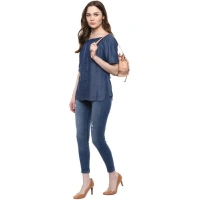 Women's Denim Solid Short Sleeve Regular Top (Blue) - XL
