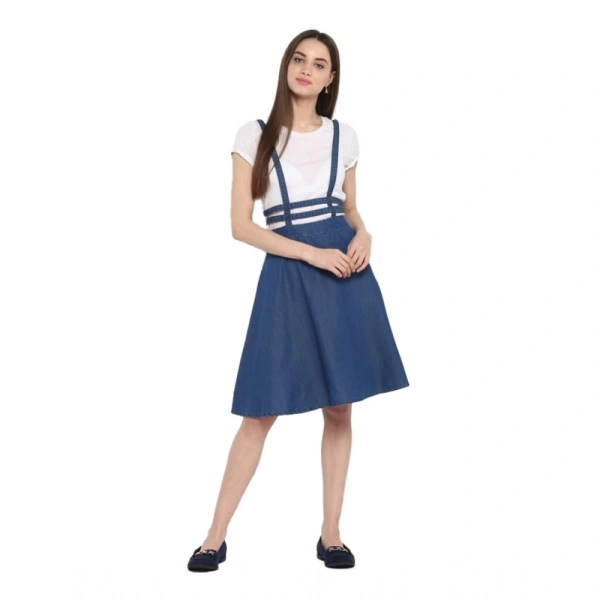 Women's Denim Solid Shoulder Straps Below Knee Dress (Blue) - XL