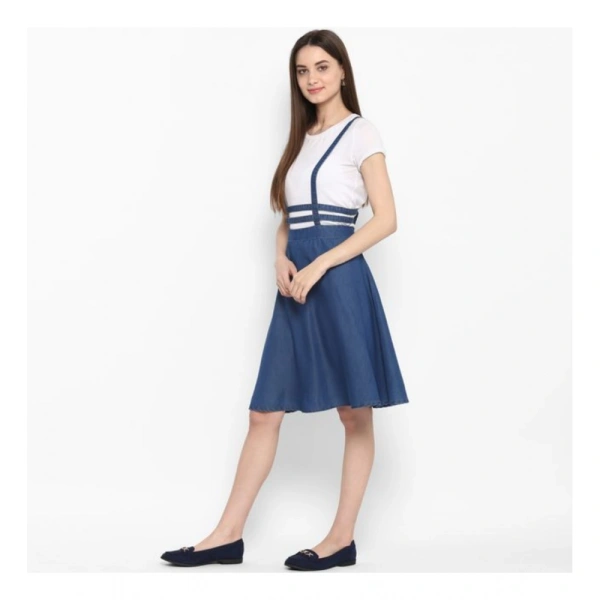 Women's Denim Solid Shoulder Straps Below Knee Dress (Blue) - XL