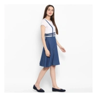 Women's Denim Solid Shoulder Straps Below Knee Dress (Blue) - XL