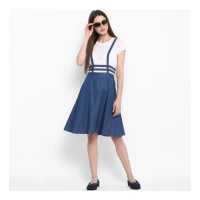 Women's Denim Solid Shoulder Straps Below Knee Dress (Blue) - XL