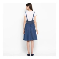 Women's Denim Solid Shoulder Straps Below Knee Dress (Blue) - XL