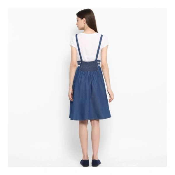 Women's Denim Solid Shoulder Straps Below Knee Dress (Blue) - XL