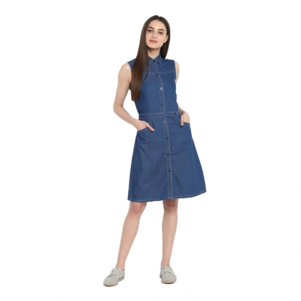 Women's Denim Solid Sleeveless Above Knee Dress (Blue) - XL