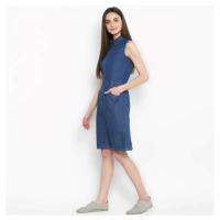 Women's Denim Solid Sleeveless Above Knee Dress (Blue) - XL