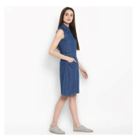 Women's Denim Solid Sleeveless Above Knee Dress (Blue) - XL