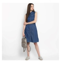 Women's Denim Solid Sleeveless Above Knee Dress (Blue) - XL