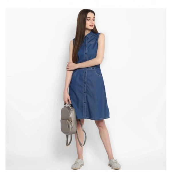 Women's Denim Solid Sleeveless Above Knee Dress (Blue) - XL