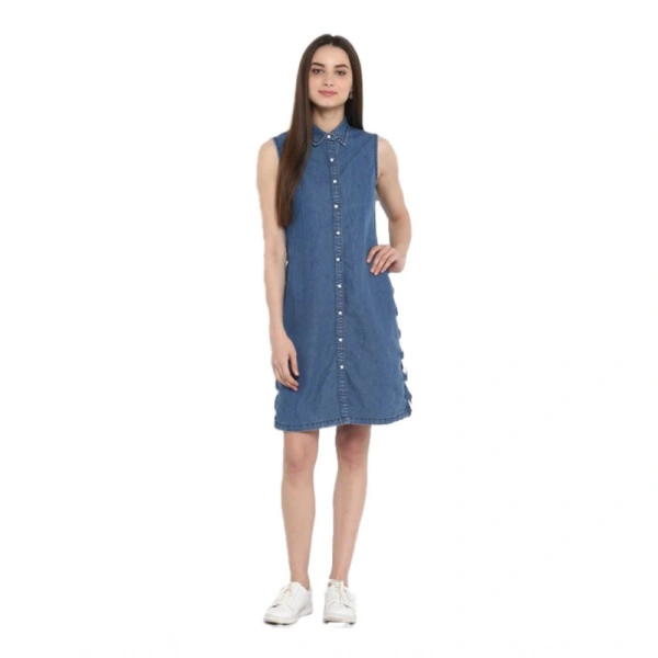 Women's Denim Solid Sleeveless Above Knee Dress (Blue) - S