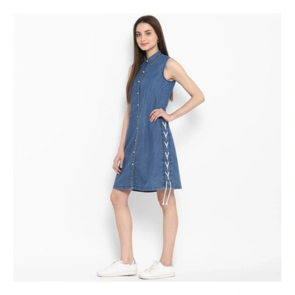 Women's Denim Solid Sleeveless Above Knee Dress (Blue) - S
