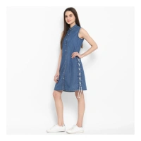 Women's Denim Solid Sleeveless Above Knee Dress (Blue) - S