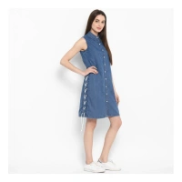 Women's Denim Solid Sleeveless Above Knee Dress (Blue) - S