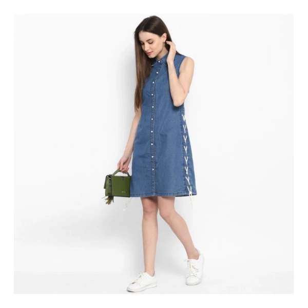 Women's Denim Solid Sleeveless Above Knee Dress (Blue) - S
