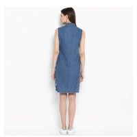 Women's Denim Solid Sleeveless Above Knee Dress (Blue) - S