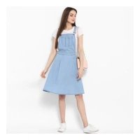 Women's Denim Solid Sleeveless Above Knee Dress (Blue) - M