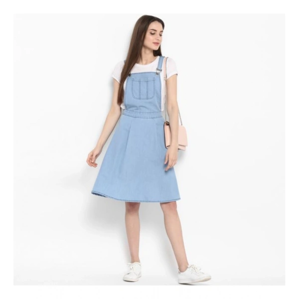 Women's Denim Solid Sleeveless Above Knee Dress (Blue) - M