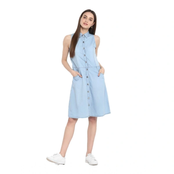 Women's Denim Solid Sleeveless Below Knee Dress (Blue) - L