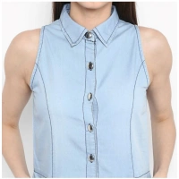 Women's Denim Solid Sleeveless Below Knee Dress (Blue) - L