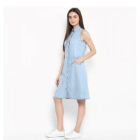 Women's Denim Solid Sleeveless Below Knee Dress (Blue) - L
