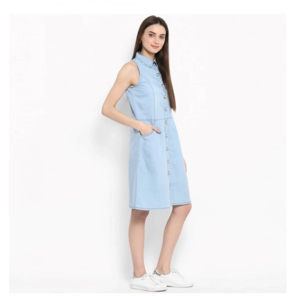 Women's Denim Solid Sleeveless Below Knee Dress (Blue) - L