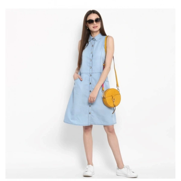 Women's Denim Solid Sleeveless Below Knee Dress (Blue) - L