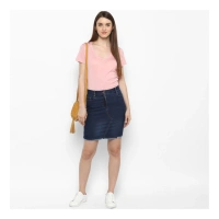 Women's Denim Stitching Pattern Buttoned Skirt (Blue) - S