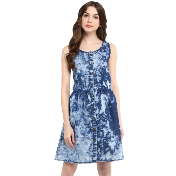 Women's Denim Tie & Dye Sleeveless Above Knee Dress (Blue) - L